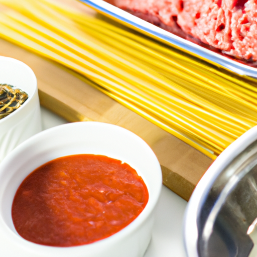 Fresh ingredients for making Dutch oven spaghetti including spaghetti noodles, ground beef, and marinara sauce.