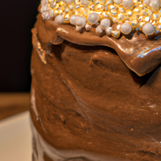 A decadent chocolate cake topped with creamy frosting